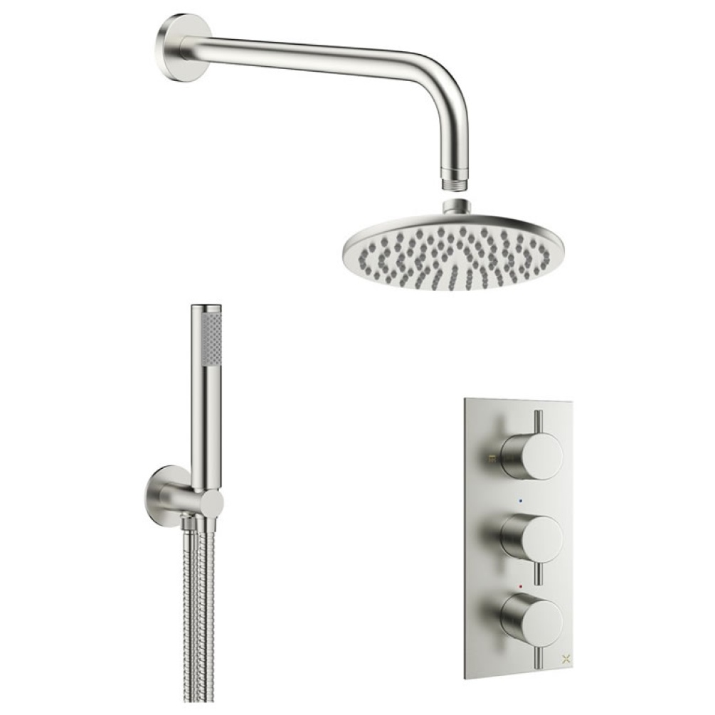 Cutout image of Crosswater MPRO Stainless Steel 2 Outlet 3 Handle Shower Set